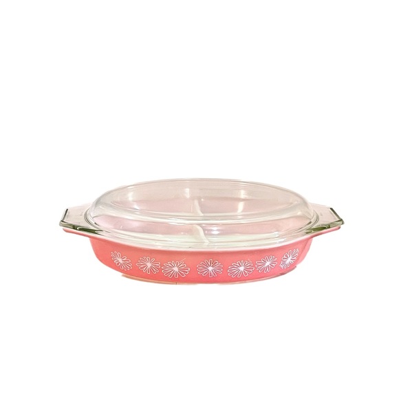 Vintage PYREX Pink Daisy Pattern~Divided Casserole Dish W/Lid 1 - 1/2 Quart - Picture 4 of 8
